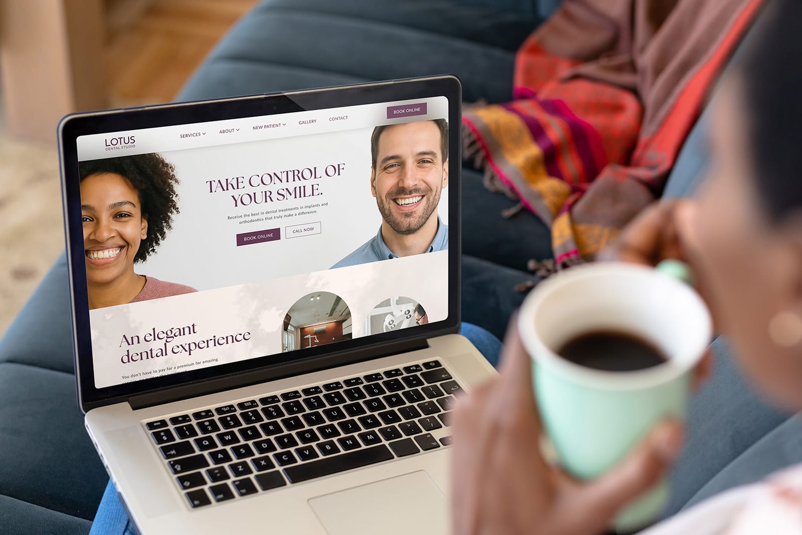 A woman examines a dental website while drinking coffee