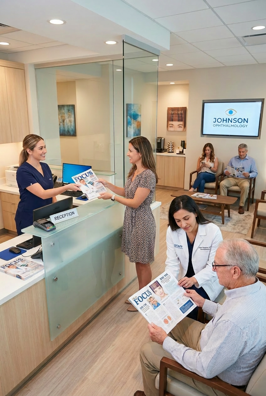 Various magazines being read at a waiting room at an opthalmology