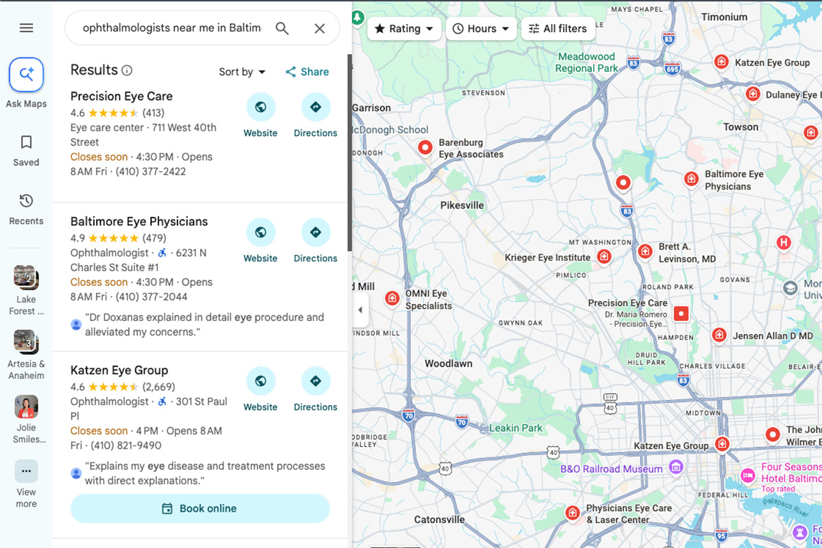 A list of ophthalmology practices on Google Maps
