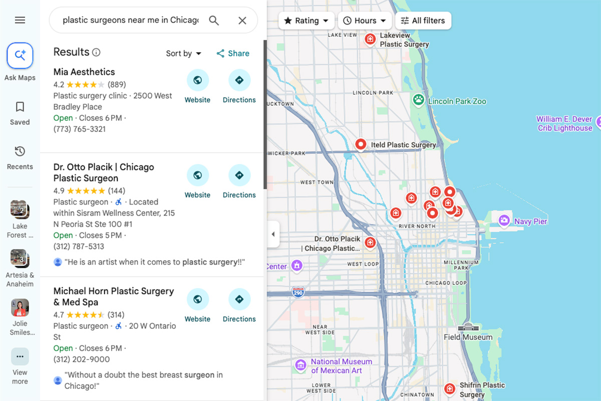 Plastic surgery practices on Google Maps