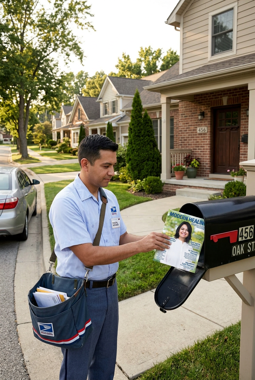 A postal worker delivering a magazine inside a mailbox