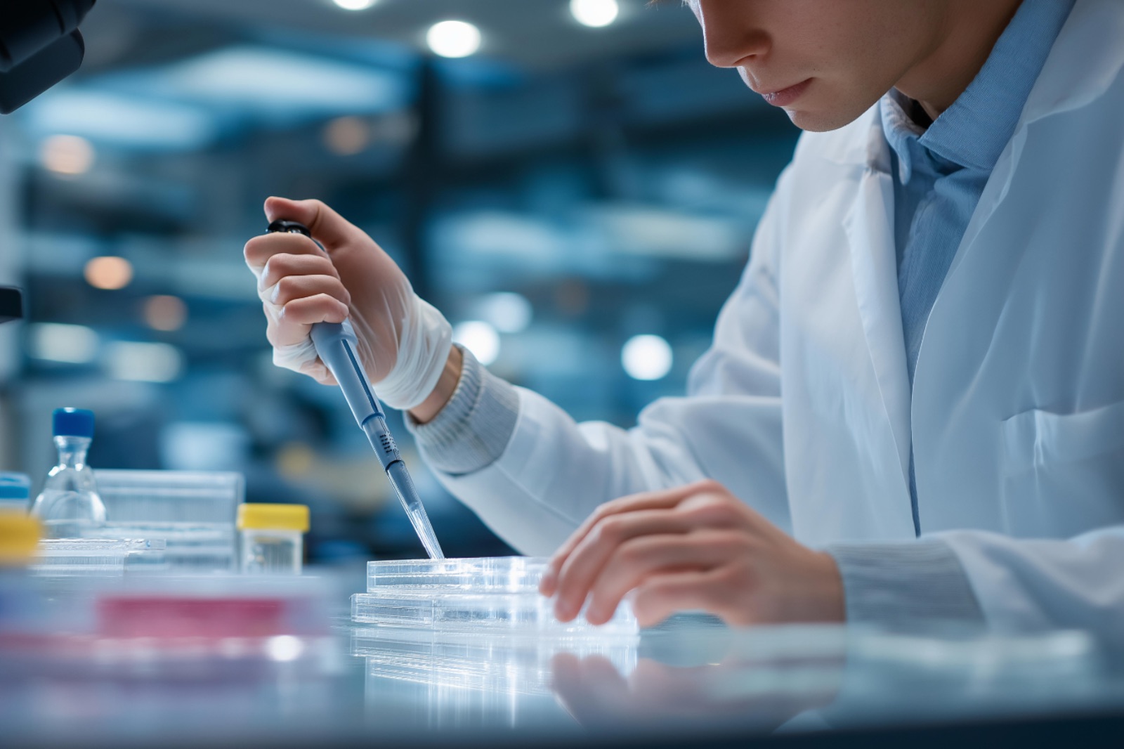 A researcher edits stem cells in a regenerative medicine lab with pipettes dispensing incubators warming cell media bottles aligned and a microscope nearby