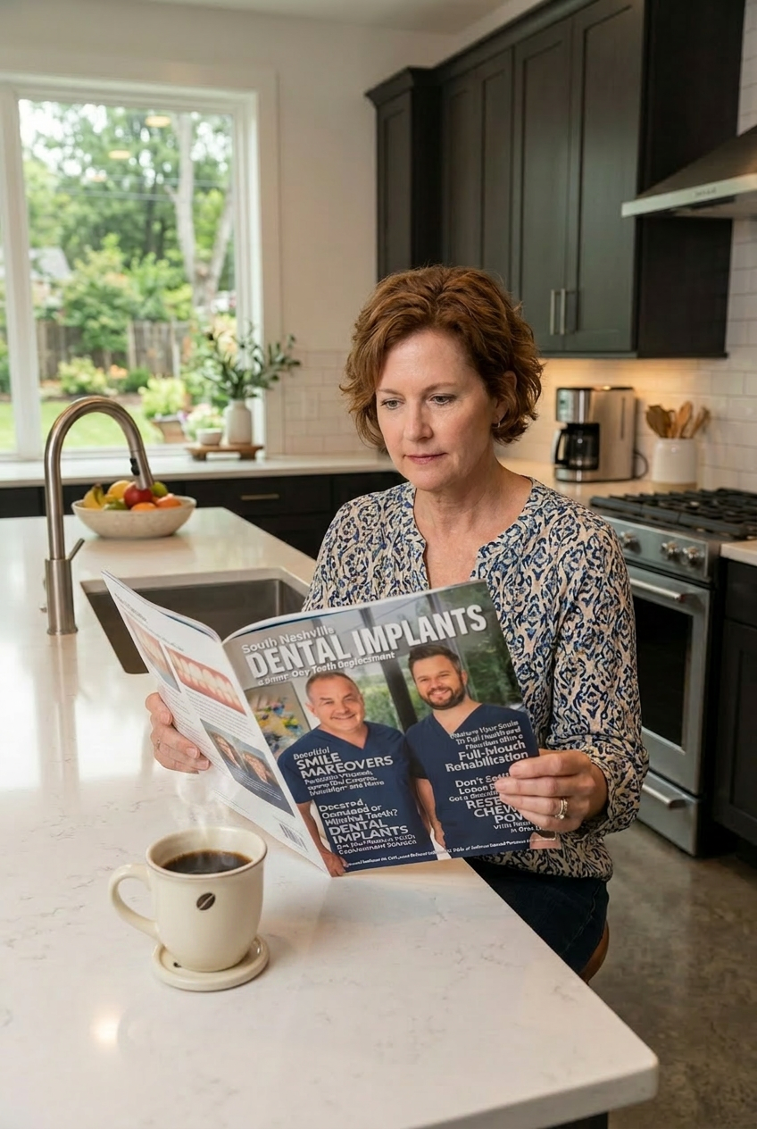 Woman reading a dental magazine at home