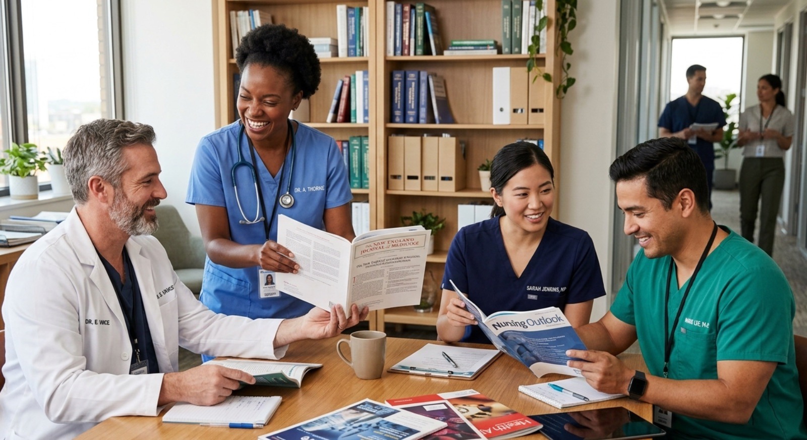 Medical practitioners sharing magazines with one another